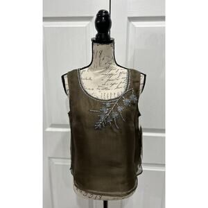 SANDY STARKMAN NWT Brown 100% Silk Embroidered Sequins Sleeveless Top Sze Medium